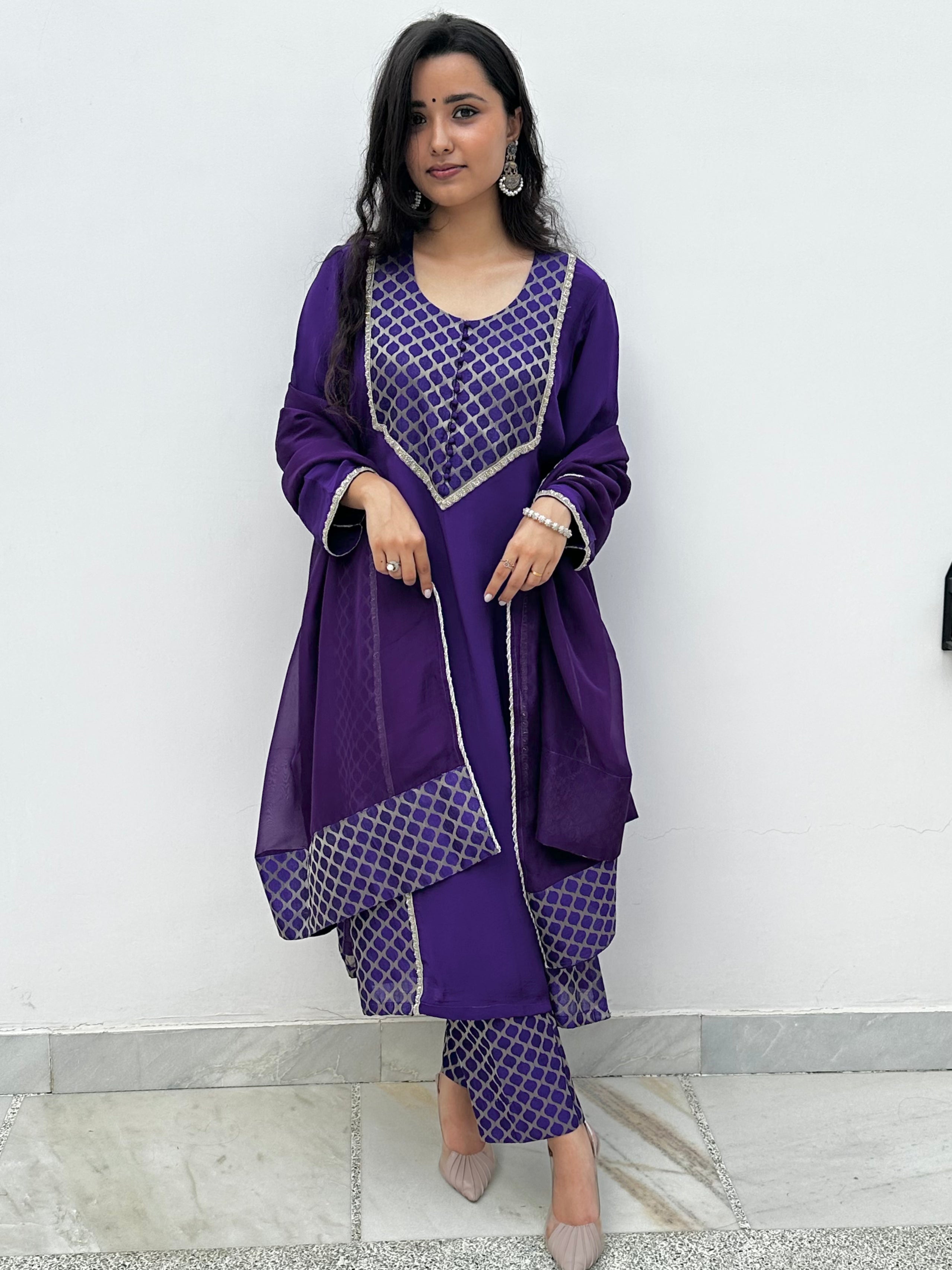 Purple Crepe Suit with Brocade Detailing