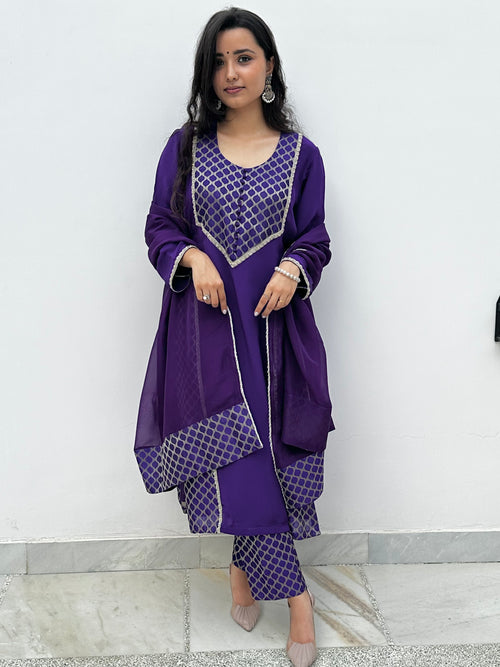 Purple Crepe Suit with Brocade Detailing